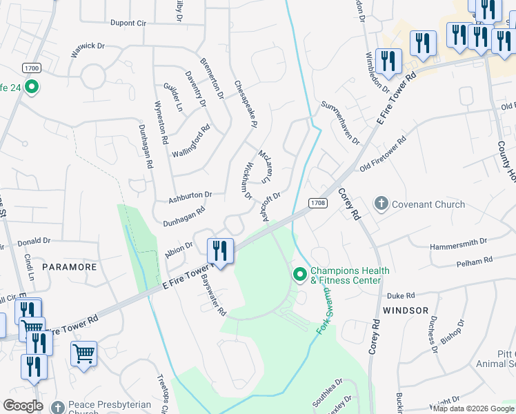 map of restaurants, bars, coffee shops, grocery stores, and more near 3961 Ashcroft Dr in Greenville