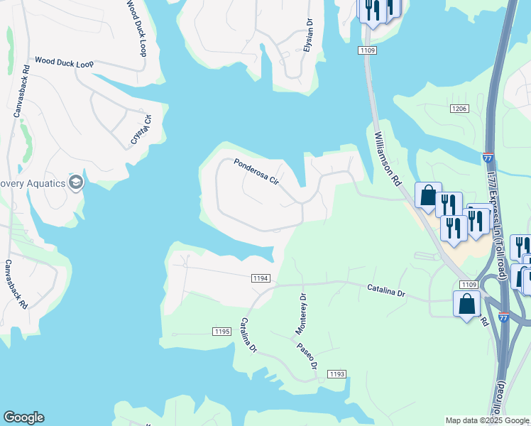 map of restaurants, bars, coffee shops, grocery stores, and more near Continental Drive in Mooresville