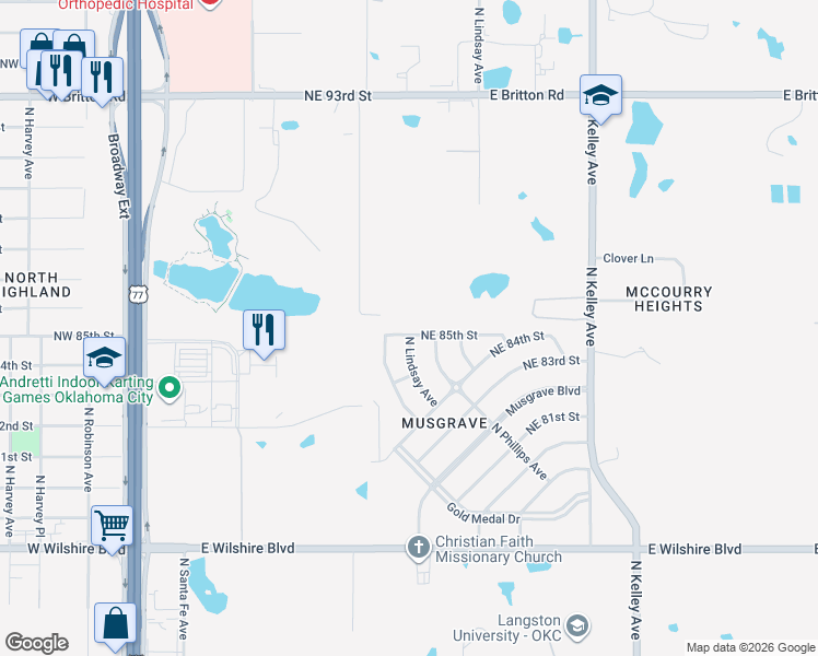 map of restaurants, bars, coffee shops, grocery stores, and more near 8536 North Lindsay Avenue in Oklahoma City
