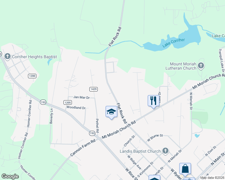 map of restaurants, bars, coffee shops, grocery stores, and more near 1240 Flat Rock Road in China Grove