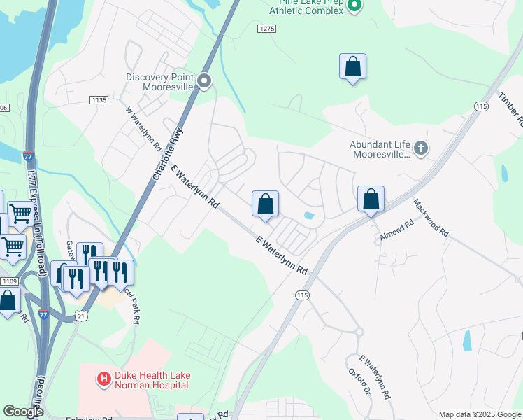 map of restaurants, bars, coffee shops, grocery stores, and more near 118 Glade Valley Ave in Mooresville