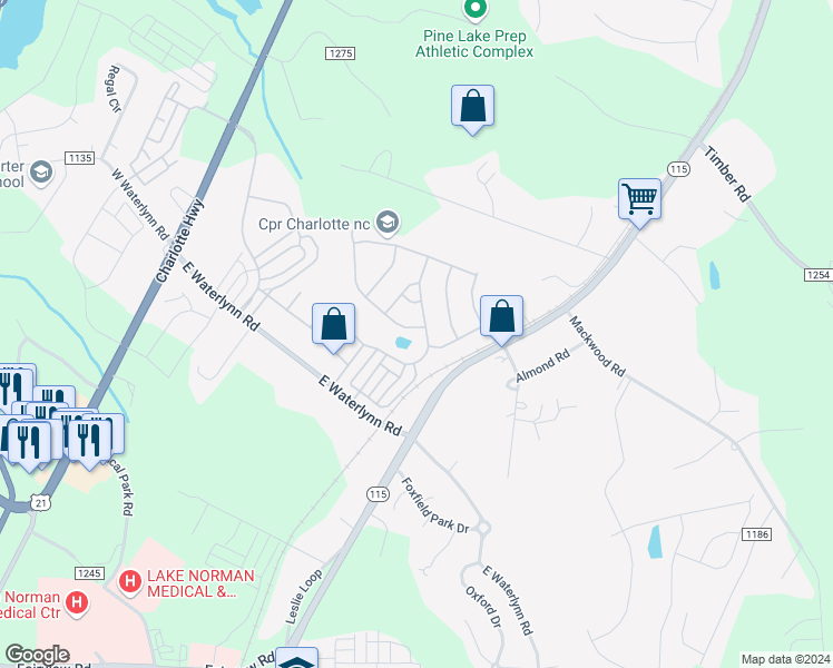 map of restaurants, bars, coffee shops, grocery stores, and more near 105 Farmers Folly Drive in Mooresville