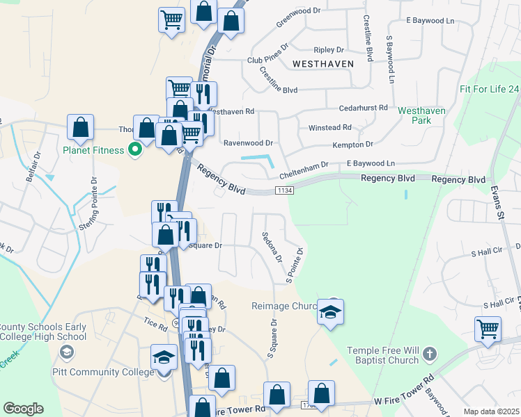 map of restaurants, bars, coffee shops, grocery stores, and more near 3905 Granada Drive in Winterville