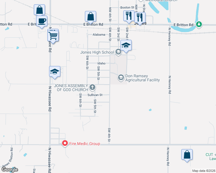 map of restaurants, bars, coffee shops, grocery stores, and more near 915 Southwest 4th Street in Jones