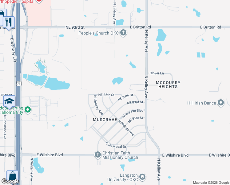 map of restaurants, bars, coffee shops, grocery stores, and more near 833 Northeast 84th Street in Oklahoma City