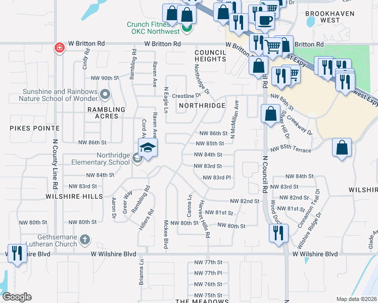 map of restaurants, bars, coffee shops, grocery stores, and more near 8309 Northwest 83rd Street in Oklahoma City