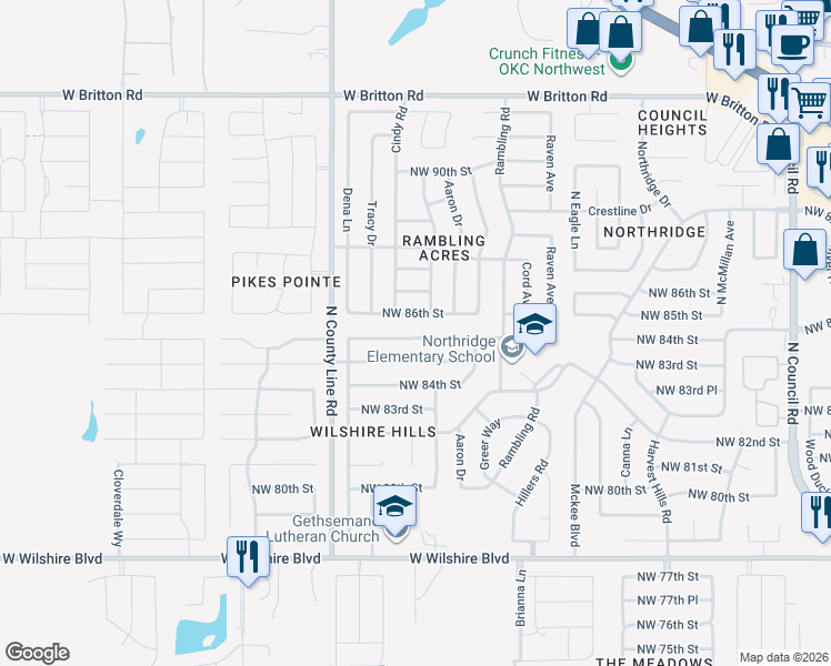 map of restaurants, bars, coffee shops, grocery stores, and more near 8813 Northwest 85th Street in Oklahoma City