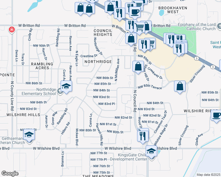 map of restaurants, bars, coffee shops, grocery stores, and more near 8113 Northwest 84th Street in Oklahoma City