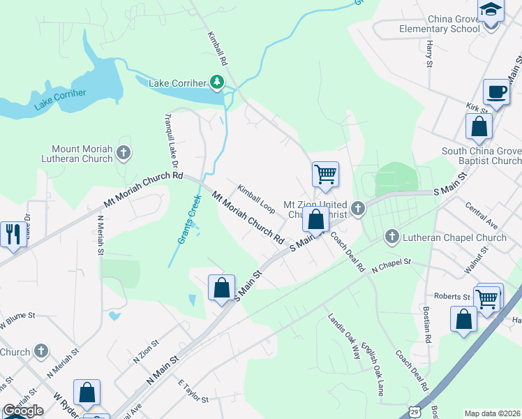 map of restaurants, bars, coffee shops, grocery stores, and more near 250 Mount Moriah Church Road in China Grove
