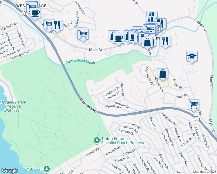 map of restaurants, bars, coffee shops, grocery stores, and more near 2148 Andover Place in Cambria