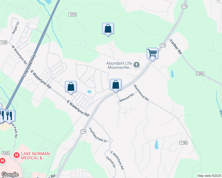 map of restaurants, bars, coffee shops, grocery stores, and more near 128 Colville Road in Mooresville