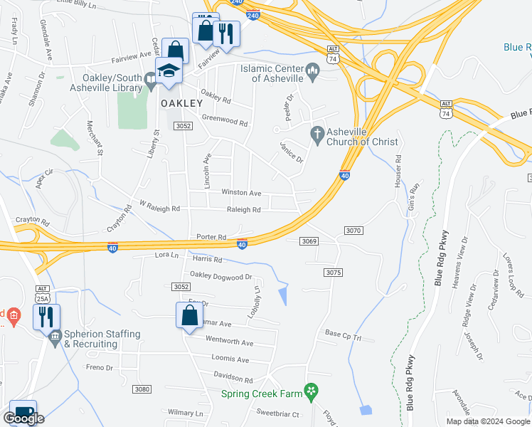 map of restaurants, bars, coffee shops, grocery stores, and more near 103 Raleigh Road in Asheville