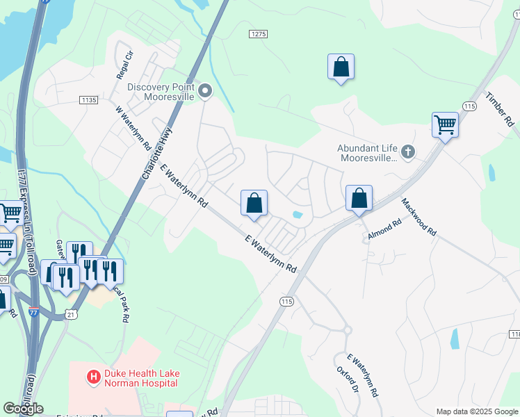 map of restaurants, bars, coffee shops, grocery stores, and more near 109 Silverspring Place in Mooresville