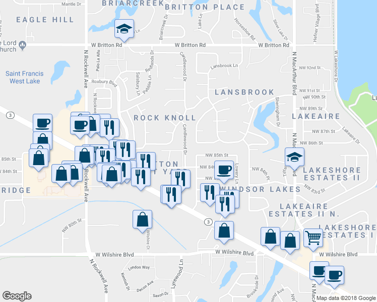 map of restaurants, bars, coffee shops, grocery stores, and more near 8520 Candlewood Drive in Oklahoma City