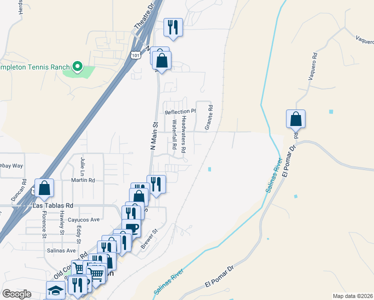 map of restaurants, bars, coffee shops, grocery stores, and more near 135 Headwaters Road in Templeton