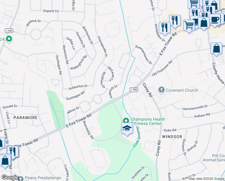 map of restaurants, bars, coffee shops, grocery stores, and more near 3961 Ashcroft Dr in Greenville