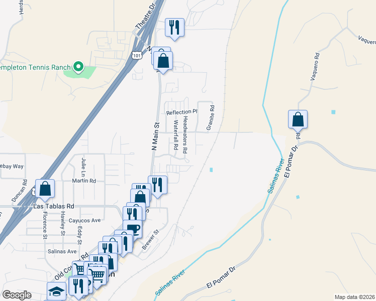 map of restaurants, bars, coffee shops, grocery stores, and more near 170 Cattail Road in Templeton