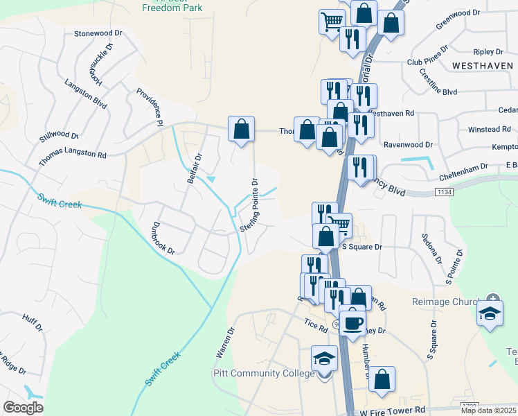 map of restaurants, bars, coffee shops, grocery stores, and more near 3811 Sterling Pointe Drive in Winterville