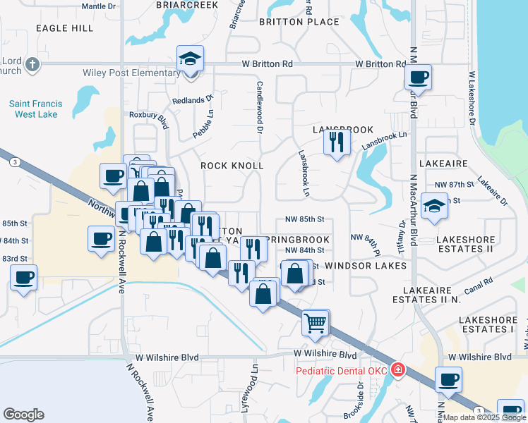 map of restaurants, bars, coffee shops, grocery stores, and more near 8701 Candlewood Drive in Oklahoma City