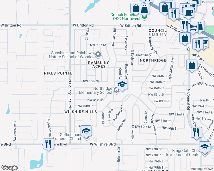 map of restaurants, bars, coffee shops, grocery stores, and more near 8700 Tilman Drive in Oklahoma City