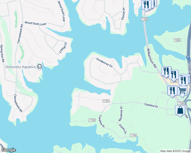 map of restaurants, bars, coffee shops, grocery stores, and more near Ponderosa Circle in Mooresville