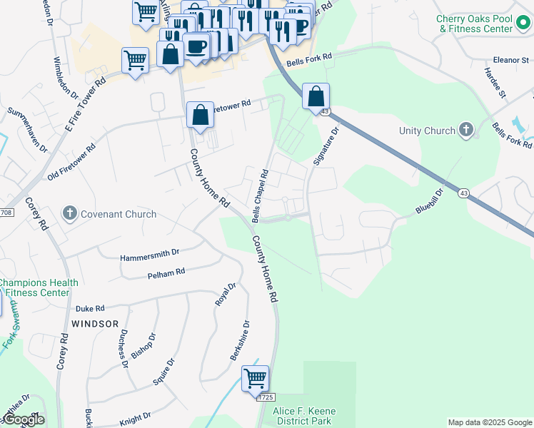 map of restaurants, bars, coffee shops, grocery stores, and more near 2205 Bellamy Drive in Greenville