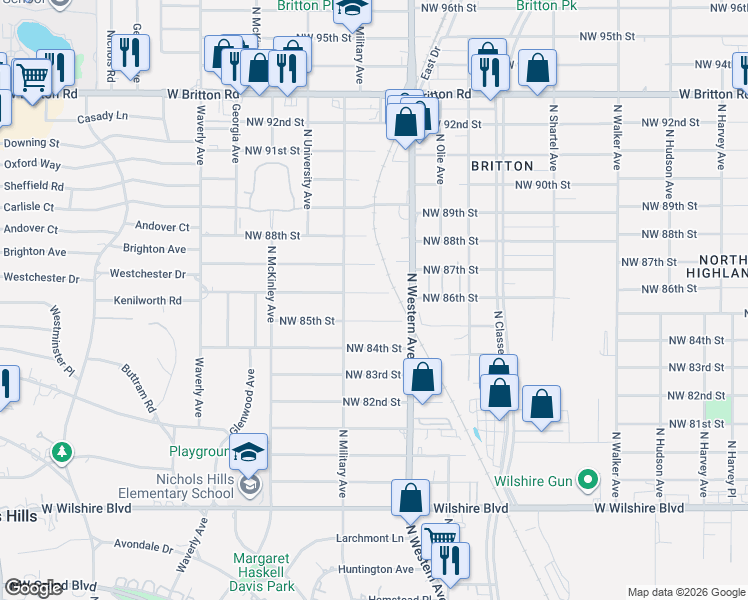 map of restaurants, bars, coffee shops, grocery stores, and more near 919 Kenilworth Road in Oklahoma City