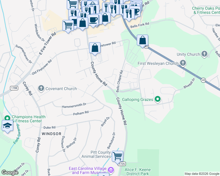 map of restaurants, bars, coffee shops, grocery stores, and more near 2477 County Home Road in Greenville