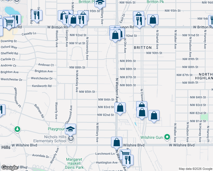 map of restaurants, bars, coffee shops, grocery stores, and more near 919 Kenilworth Road in Oklahoma City
