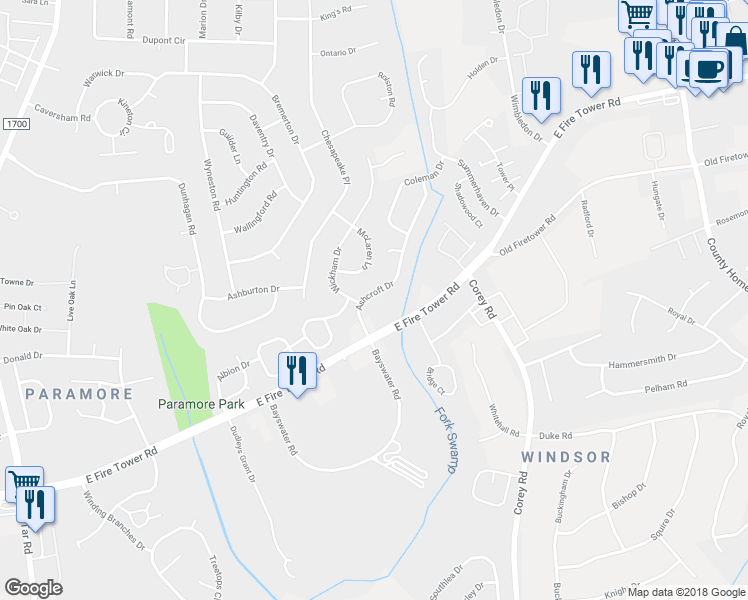 map of restaurants, bars, coffee shops, grocery stores, and more near 3953 Ashcroft Drive in Winterville