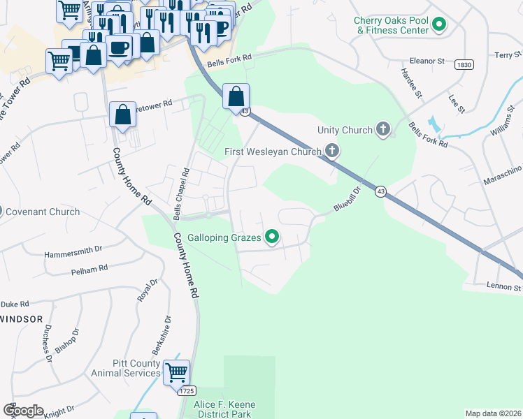 map of restaurants, bars, coffee shops, grocery stores, and more near 2412 Chavis Drive in Greenville