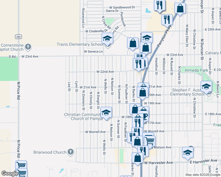 map of restaurants, bars, coffee shops, grocery stores, and more near 2100-2198 North Wells Street in Pampa