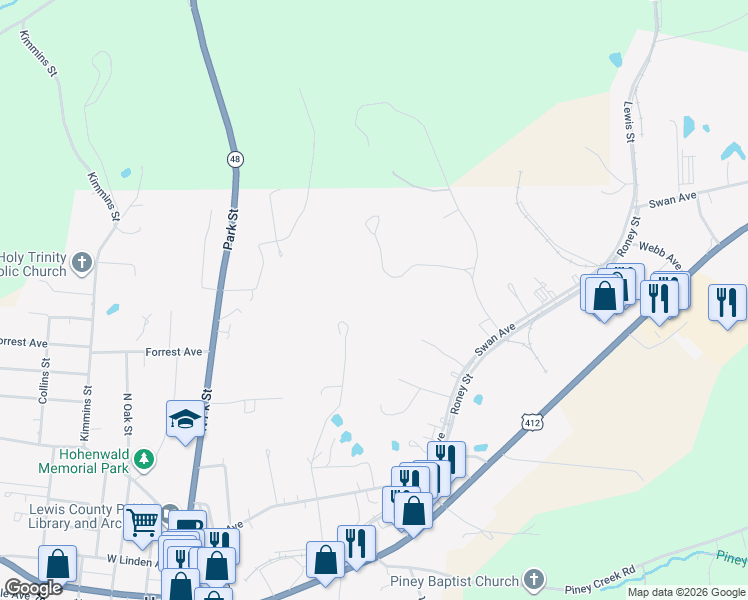 map of restaurants, bars, coffee shops, grocery stores, and more near 136 Happy Hollow Road in Hohenwald