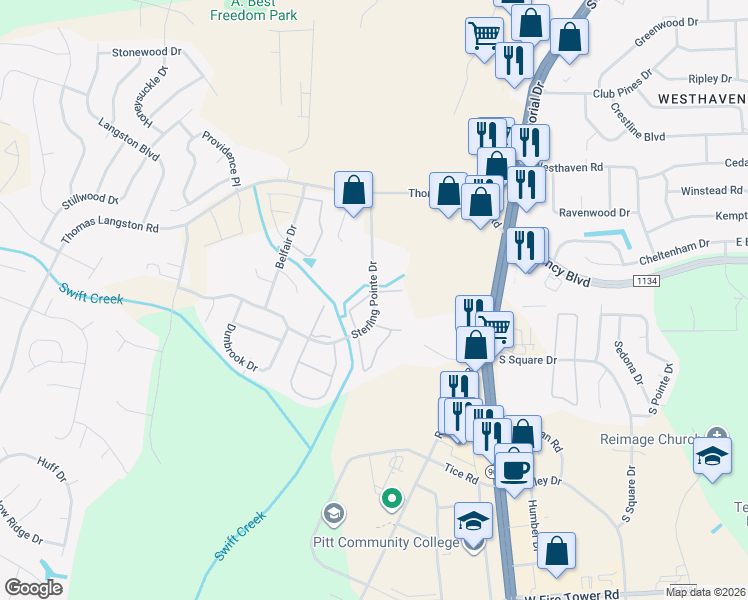 map of restaurants, bars, coffee shops, grocery stores, and more near Sterling Pointe Drive in Winterville