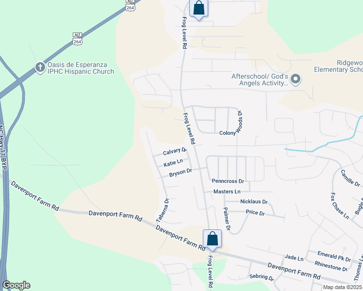 map of restaurants, bars, coffee shops, grocery stores, and more near 3621 Calvary Drive in Greenville