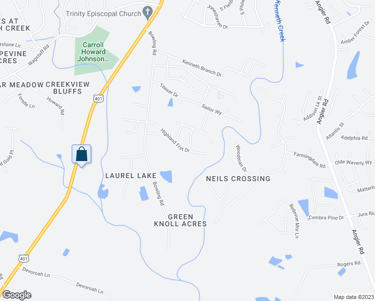 map of restaurants, bars, coffee shops, grocery stores, and more near 302 Highland Forest Drive in Fuquay-Varina