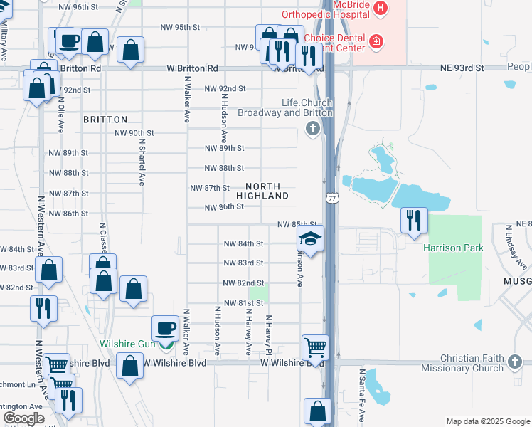 map of restaurants, bars, coffee shops, grocery stores, and more near 8608 North Harvey Avenue in Oklahoma City