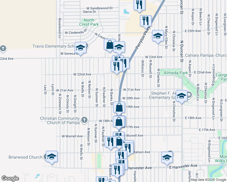 map of restaurants, bars, coffee shops, grocery stores, and more near 2109 North Hobart Street in Pampa