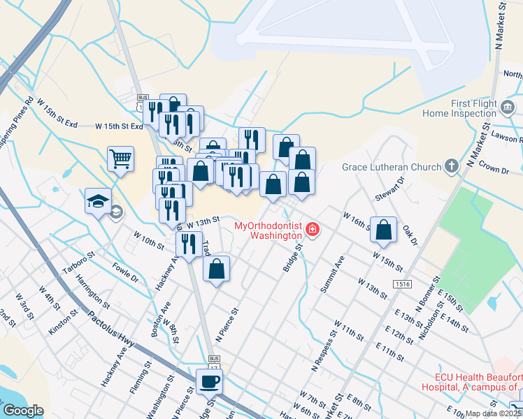 map of restaurants, bars, coffee shops, grocery stores, and more near 1324 Washington Street in Washington