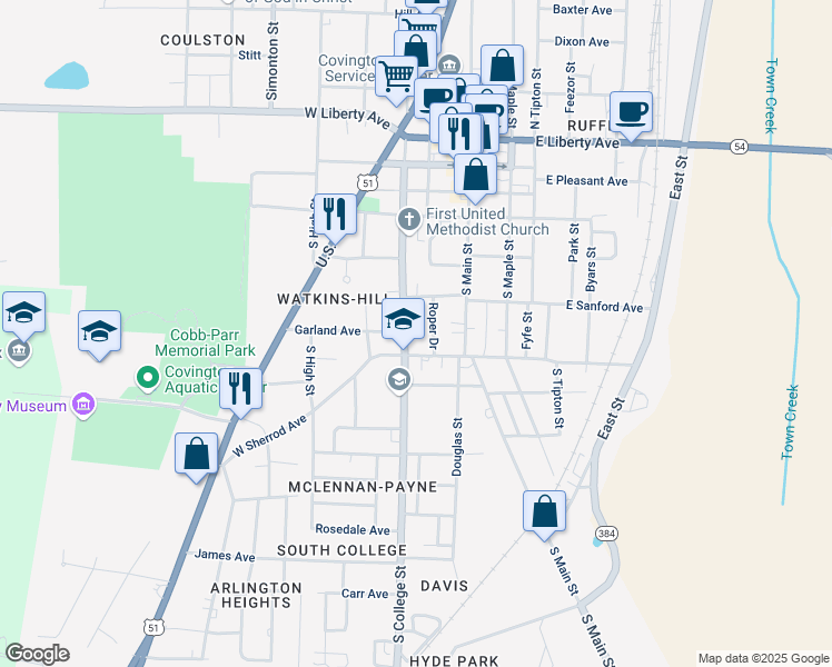 map of restaurants, bars, coffee shops, grocery stores, and more near 700 South College Street in Covington