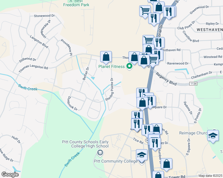 map of restaurants, bars, coffee shops, grocery stores, and more near 3811 Sterling Pointe Drive in Winterville