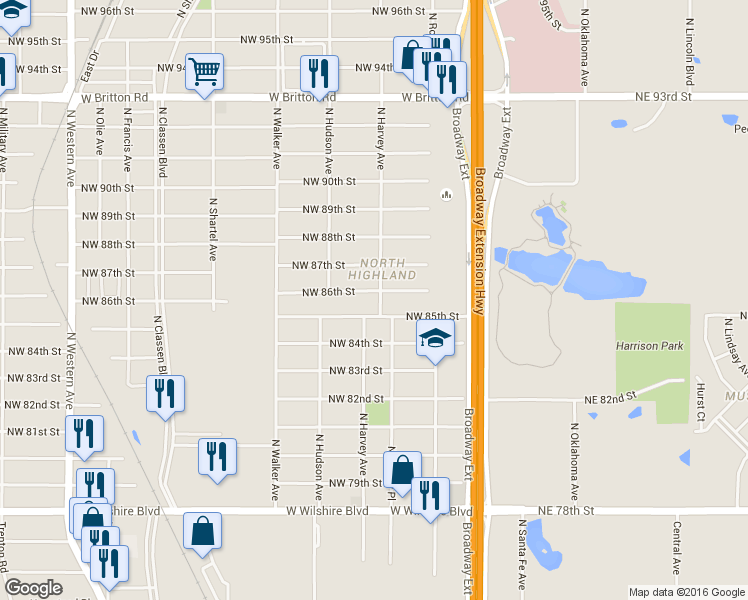map of restaurants, bars, coffee shops, grocery stores, and more near 245 Northwest 86th Street in Oklahoma City