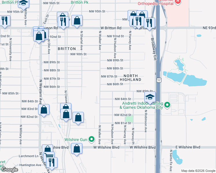 map of restaurants, bars, coffee shops, grocery stores, and more near 411 Northwest 86th Street in Oklahoma City