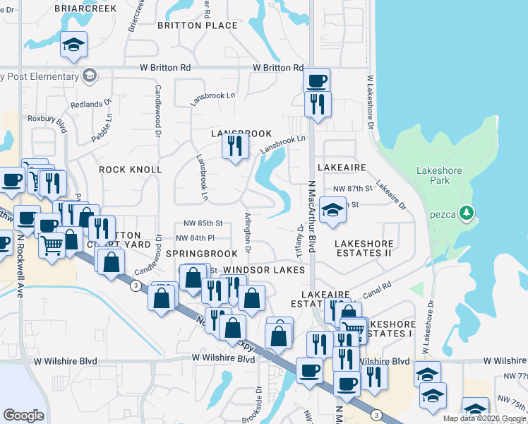 map of restaurants, bars, coffee shops, grocery stores, and more near 6010 Harwich Manor Street in Oklahoma City