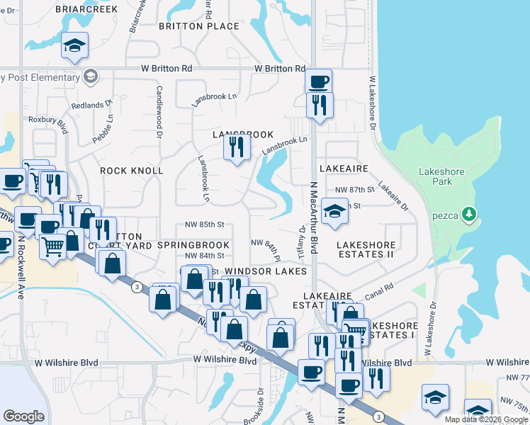 map of restaurants, bars, coffee shops, grocery stores, and more near 6010 Harwich Manor Street in Oklahoma City