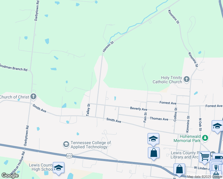 map of restaurants, bars, coffee shops, grocery stores, and more near 523 Church St in Hohenwald