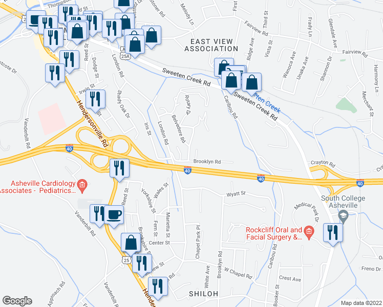 map of restaurants, bars, coffee shops, grocery stores, and more near 5 Crestland Road in Asheville