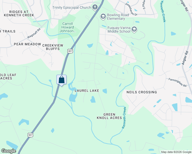 map of restaurants, bars, coffee shops, grocery stores, and more near 1525 Bowling Road in Fuquay-Varina