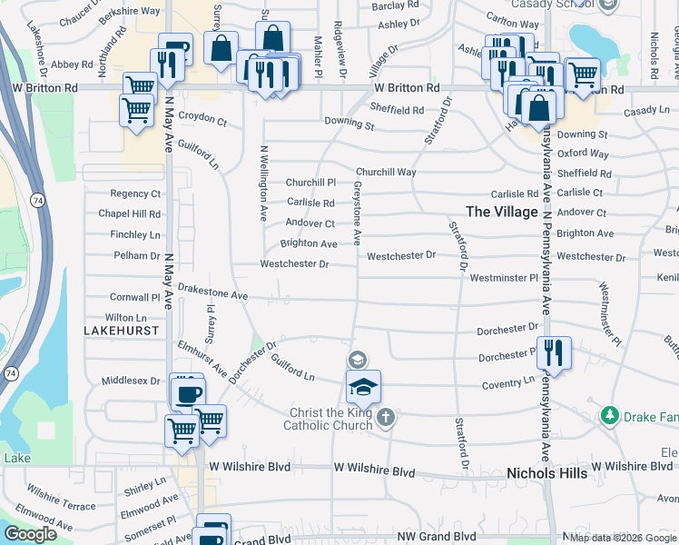 map of restaurants, bars, coffee shops, grocery stores, and more near 2101 Westchester Drive in The Village