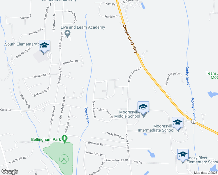 map of restaurants, bars, coffee shops, grocery stores, and more near 124 Southern Oak Drive in Mooresville